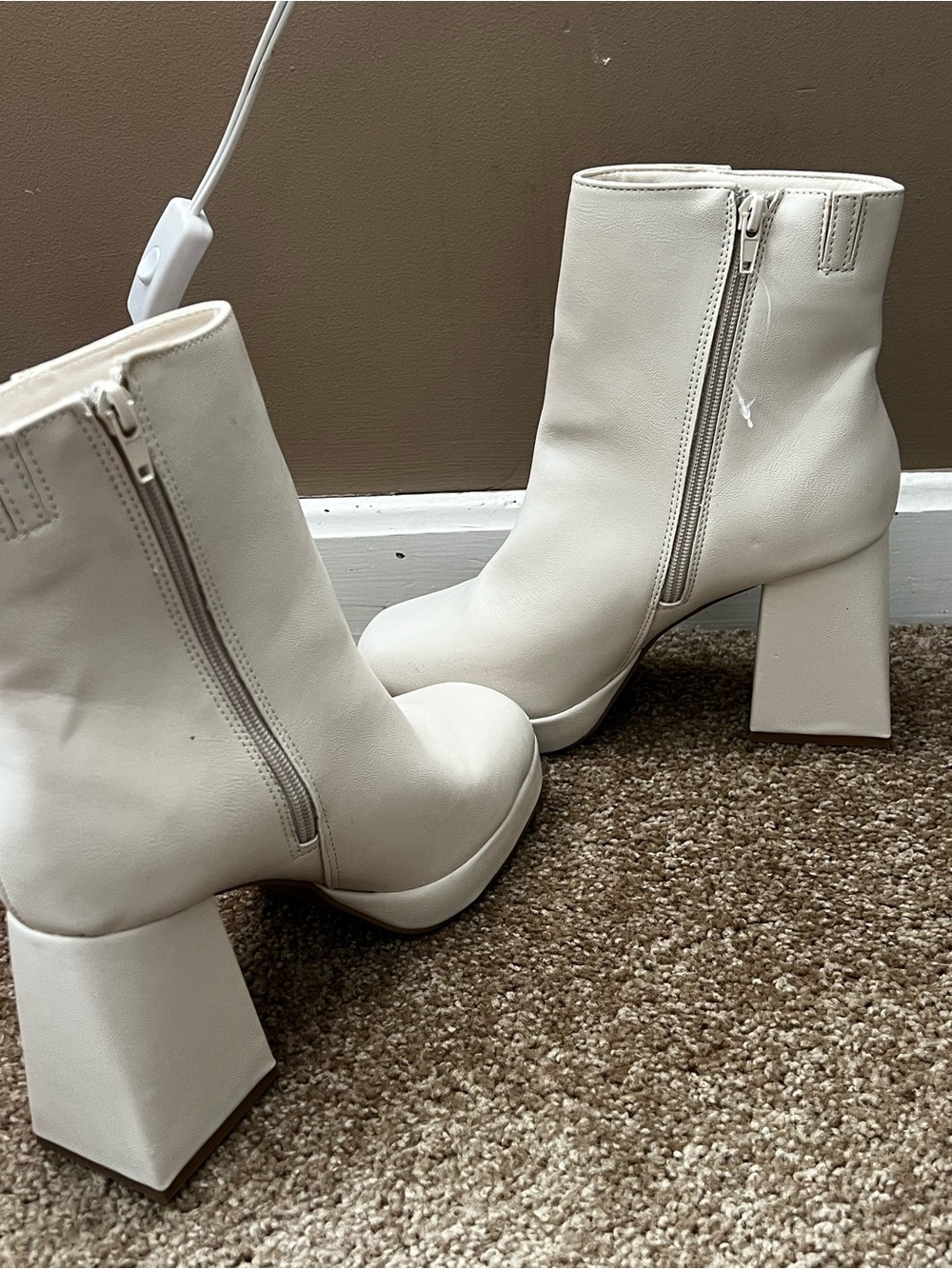 Cream Platform Block Heel Ankle Boots with Side Zip